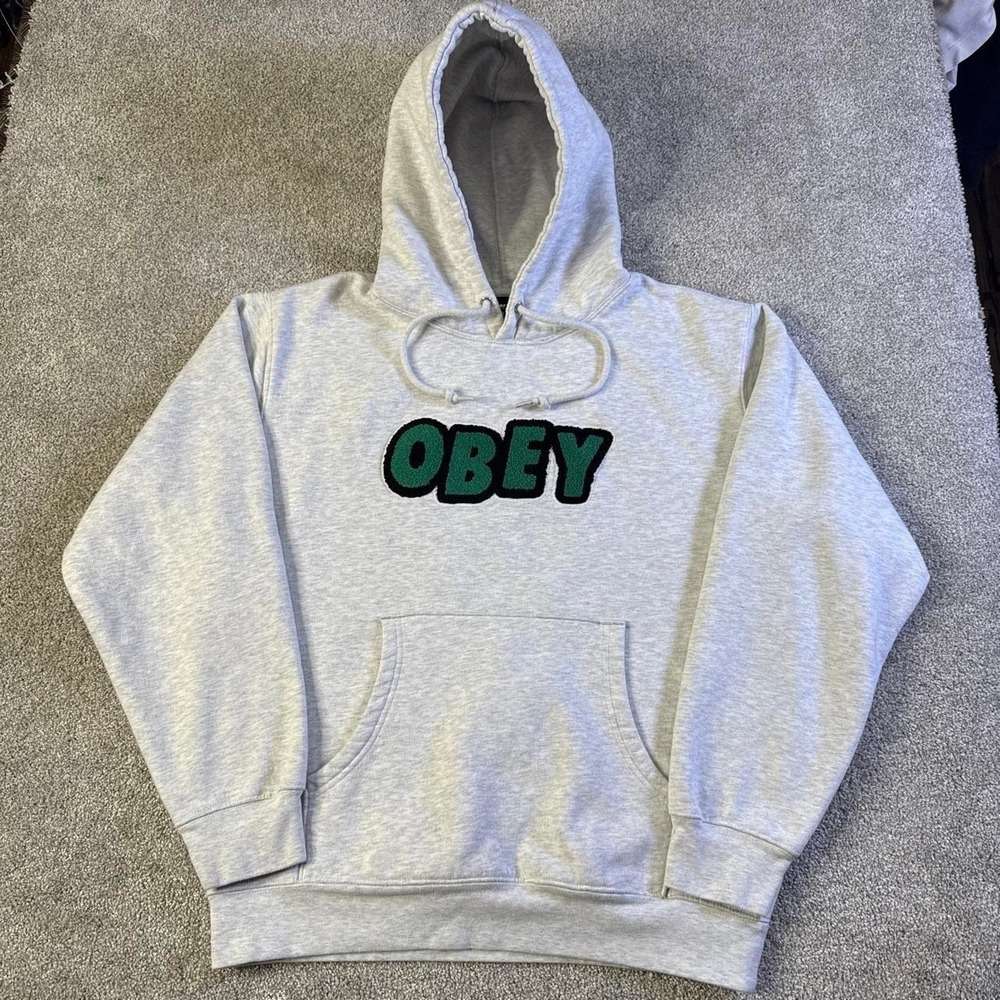 OBEY Heather Gray Embroidered Logo Hoodie Men's Medium Skater Streetwear - Picture 2 of 7